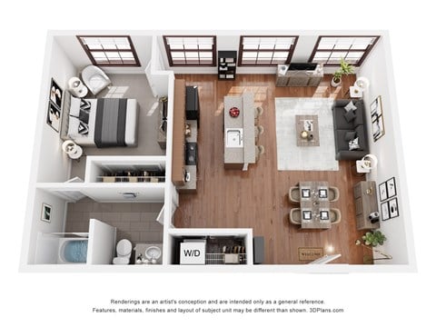 Floor plan for 1 bed, 1 bath, 1035 sqft